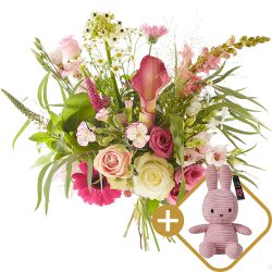 A pink bouquet for the new parents and Miffy for the baby