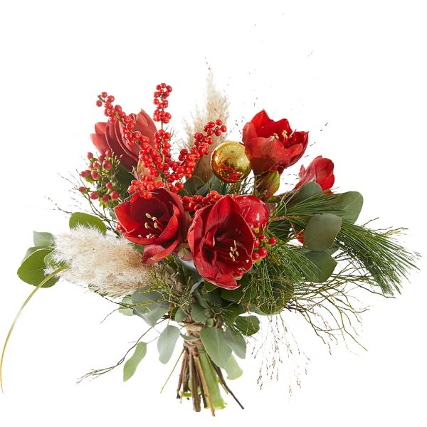 Red christmas bouquet made of Amaryllis and Ilex