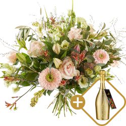 Stylish bouquet with a bottle of prosecco