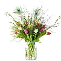 Colorful bouquet with tulips and peacock feathers - Color sensation
